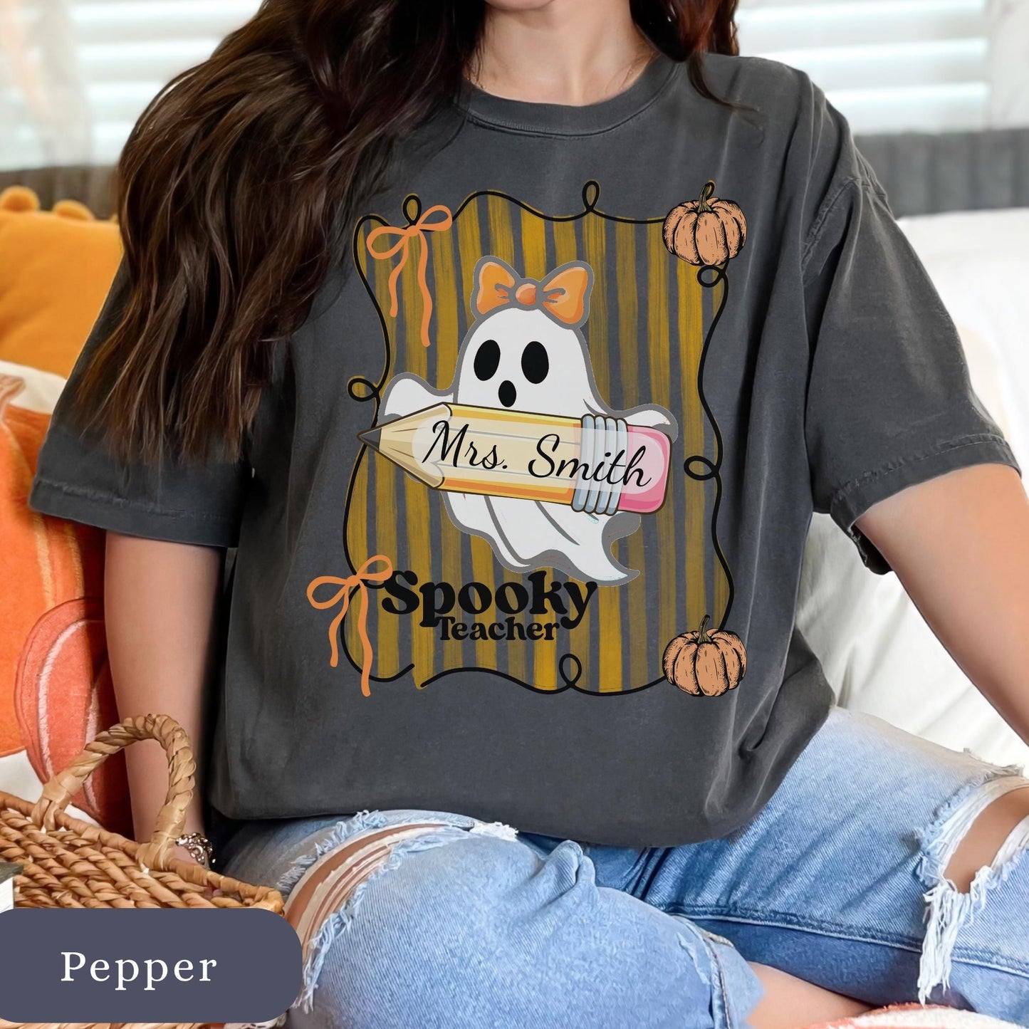 Spooky Retro Ghost Teacher T-Shirt: Halloween Coquette Tee