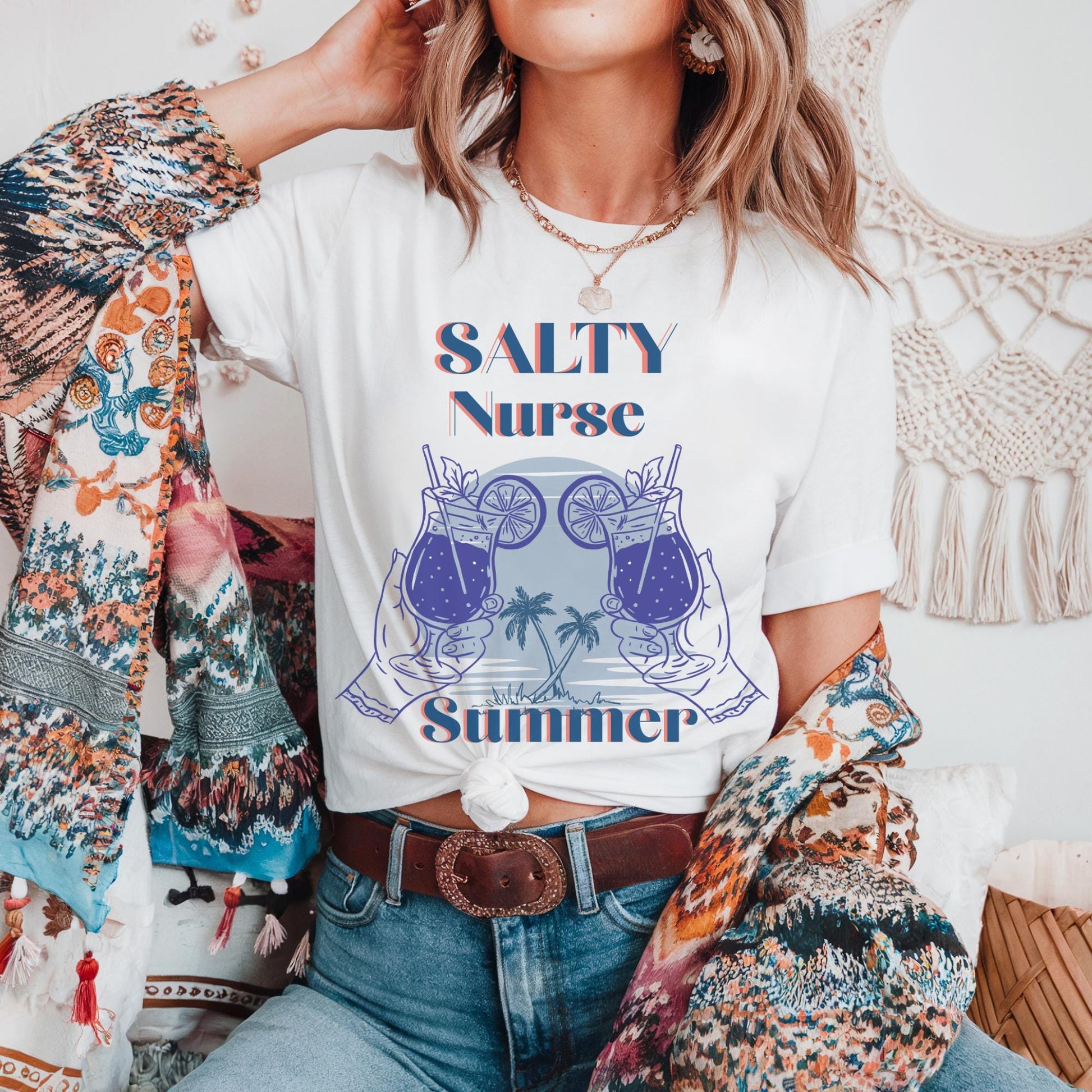 Women’s blue t-shirt for Nurses summer vacation with the phrase salty Nurse summer,  perfect for summer Nurse trips.