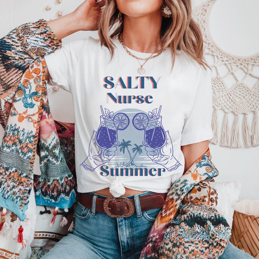 Women’s blue t-shirt for Nurses summer vacation with the phrase salty Nurse summer,  perfect for summer Nurse trips.