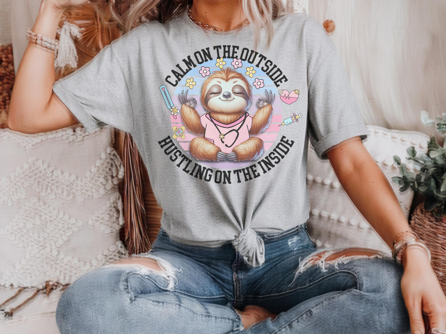 Funny Sloth Nurse T-Shirt: Retro Floral Mental Health RN Gift