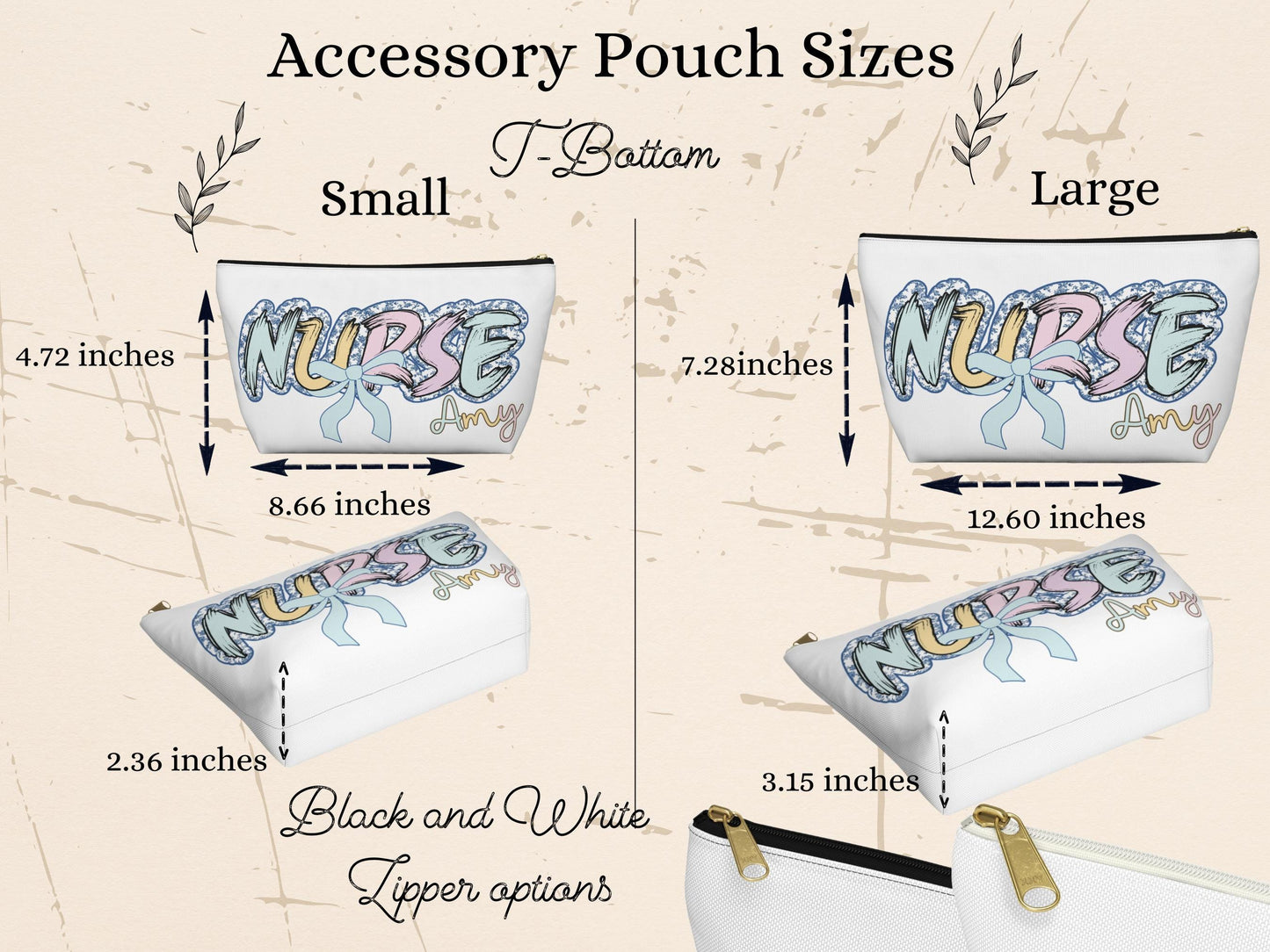 Storage pouch/ travel bag for nurses  size chart: small 4.72 inches by 8.66 inches, large 7.28 inches by 12.60 inches.