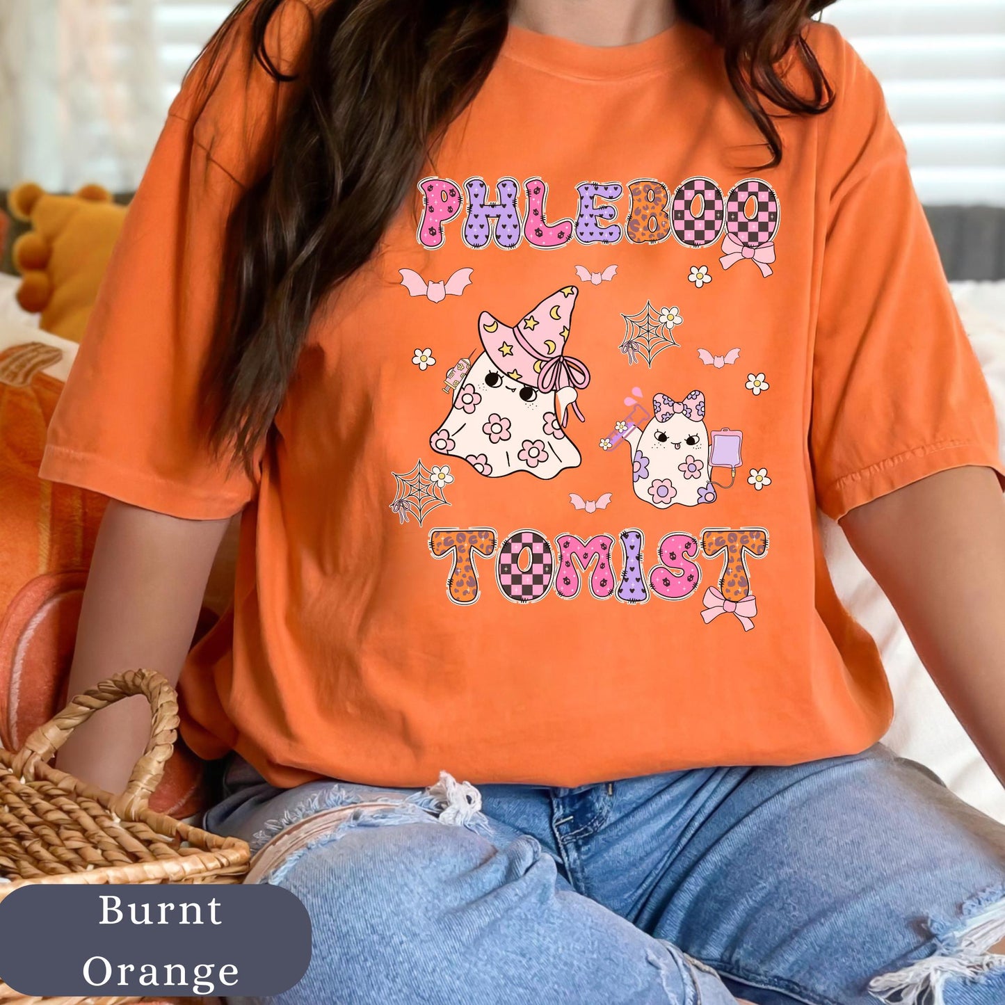 Retro Floral Halloween Boo Crew T-Shirt: Phlebotomist Spooky Season Tee