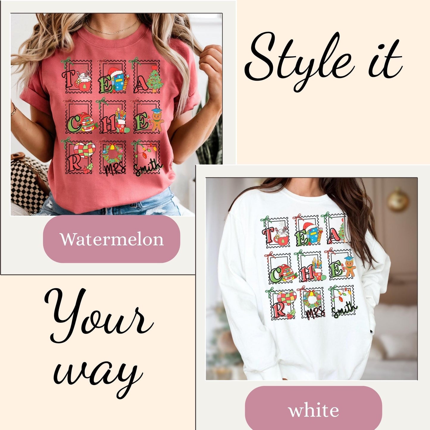 Custom Teacher stamp Christmas winter Comfort Colors®cotton sweatshirt S-3XL