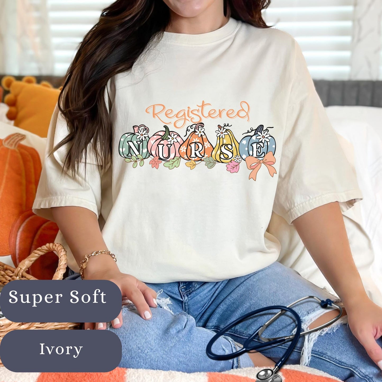 Registered Nurse Fall T-Shirt: Retro Floral Pumpkin Comfort Colors RN Gift