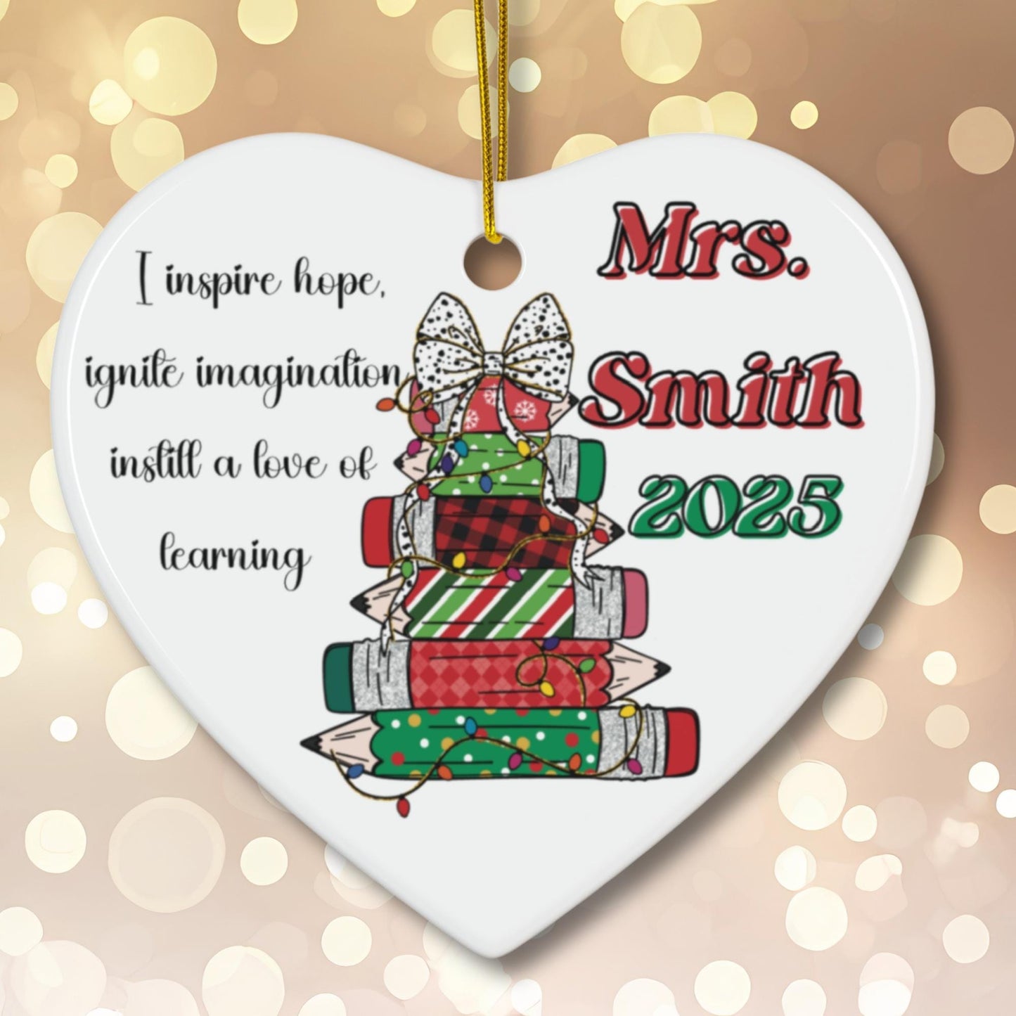 Custom Christmas Teacher name Holiday Appreciation ceramic Heart Shape ornament memory keepsake