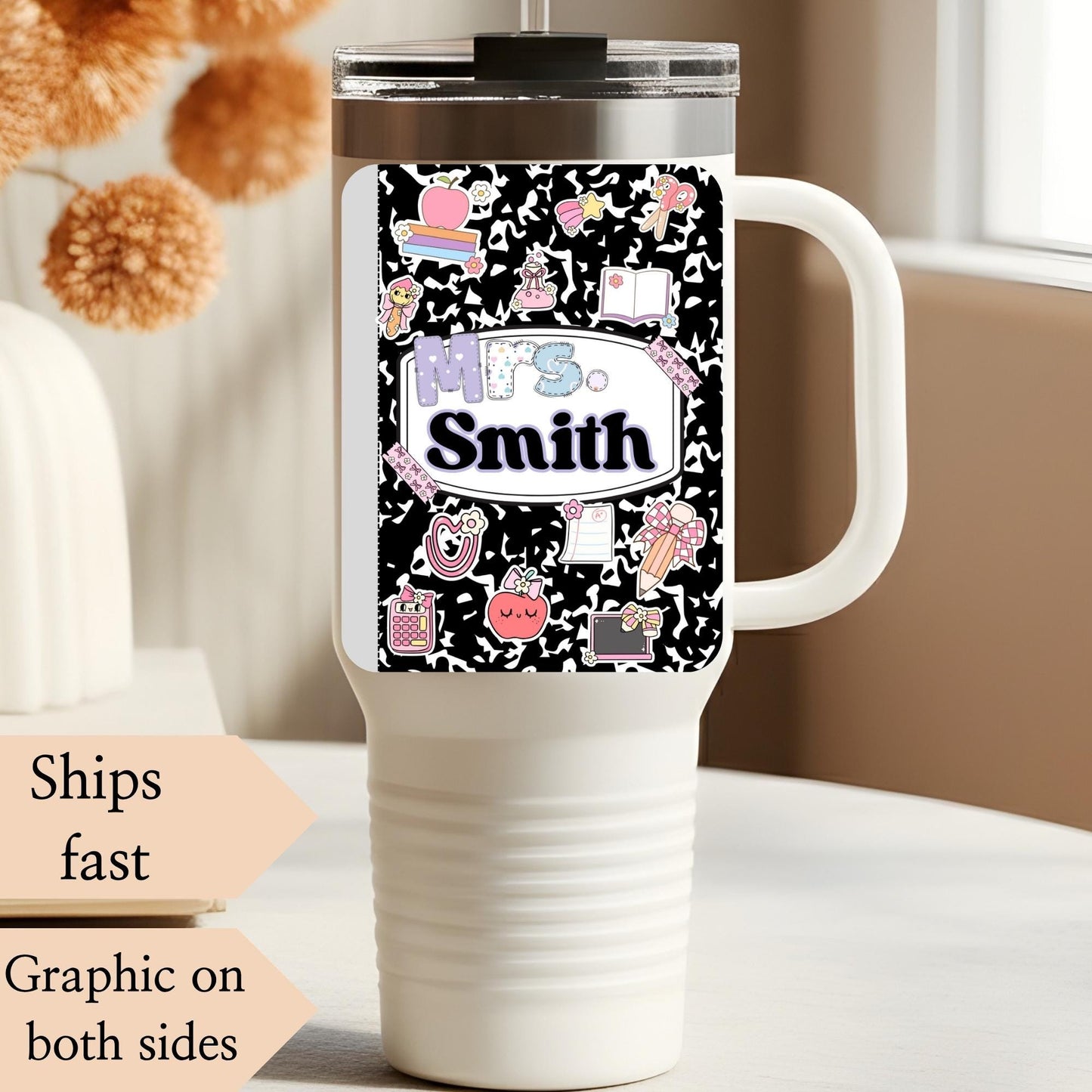 Personalized Teacher Tumbler: 40 oz Insulated Coffee Mug, Back to School Gift