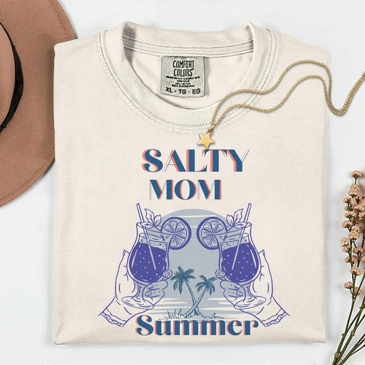 Women’s ivory t-shirt for mom's summer vacation with the phrase salty mom summer perfect gift for mom's summer trips/girl trips