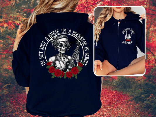 Personalized registered nurse jacket fleece medsurge ER sweatshirt professional attire lpn zip hoodie I'm a rockstar in scrubs custom gift