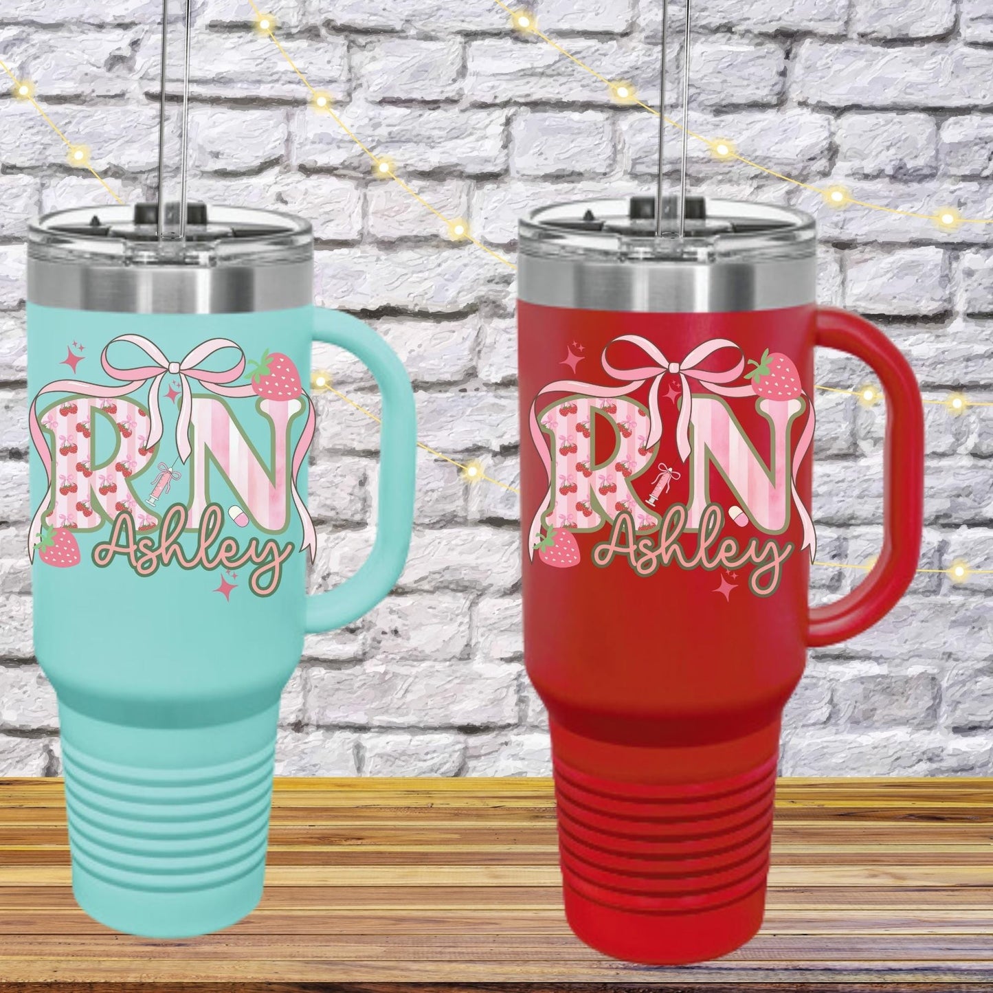 Personalized Nurse Tumbler: Pink Coquette Strawberry RN Gift, Insulated 40oz Travel Mug