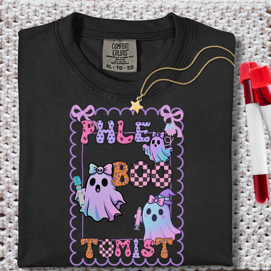 Funny Halloween Phlebotomist T-Shirt: Retro Ghost Boo Lab Tech Tee