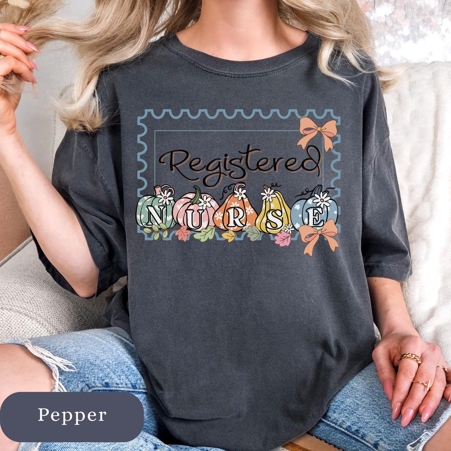 Registered Nurse Fall T-Shirt: Retro Floral Pumpkin Comfort Colors® Cotton RN Gift S-4XL