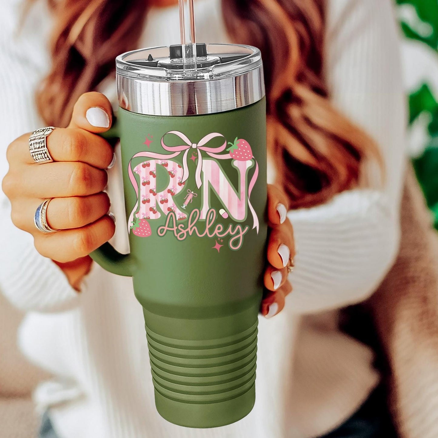 Personalized Nurse Tumbler: Pink Coquette Strawberry RN Gift, Insulated 40oz Travel Mug