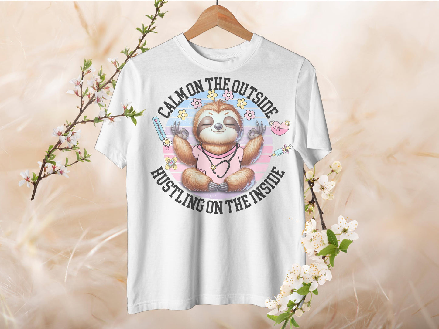 Funny Sloth Nurse T-Shirt: Retro Floral Mental Health RN Gift