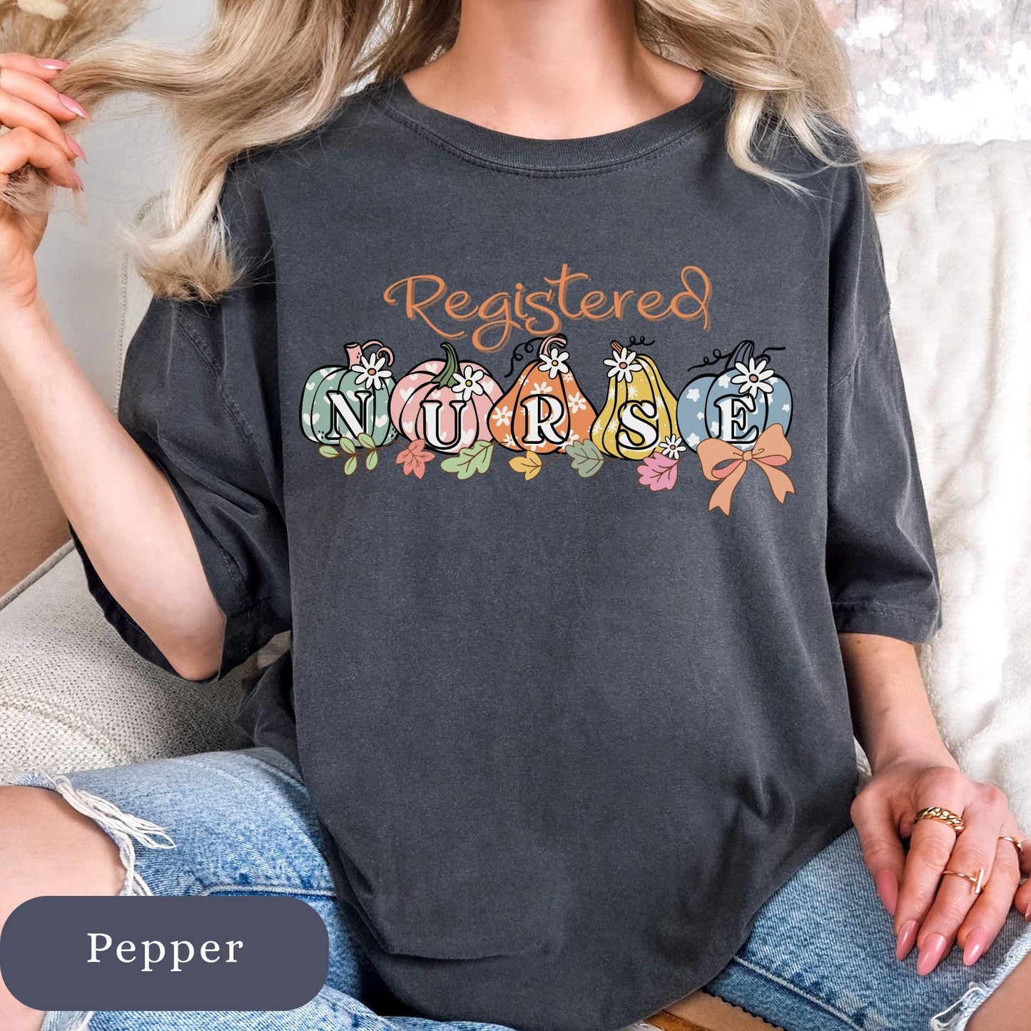 Registered Nurse Fall T-Shirt: Retro Floral Pumpkin Comfort Colors RN Gift