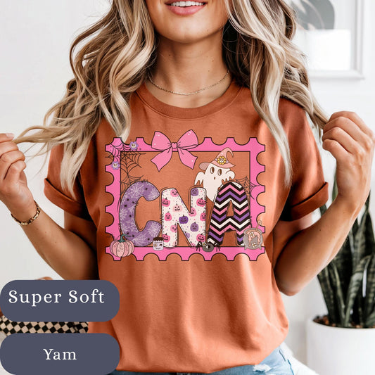CNA Halloween spooky cute coquette t-shirt gift idea for fall nurse assistant comfort colors tee ghost pumpkin stamp shirt retro autumn gift