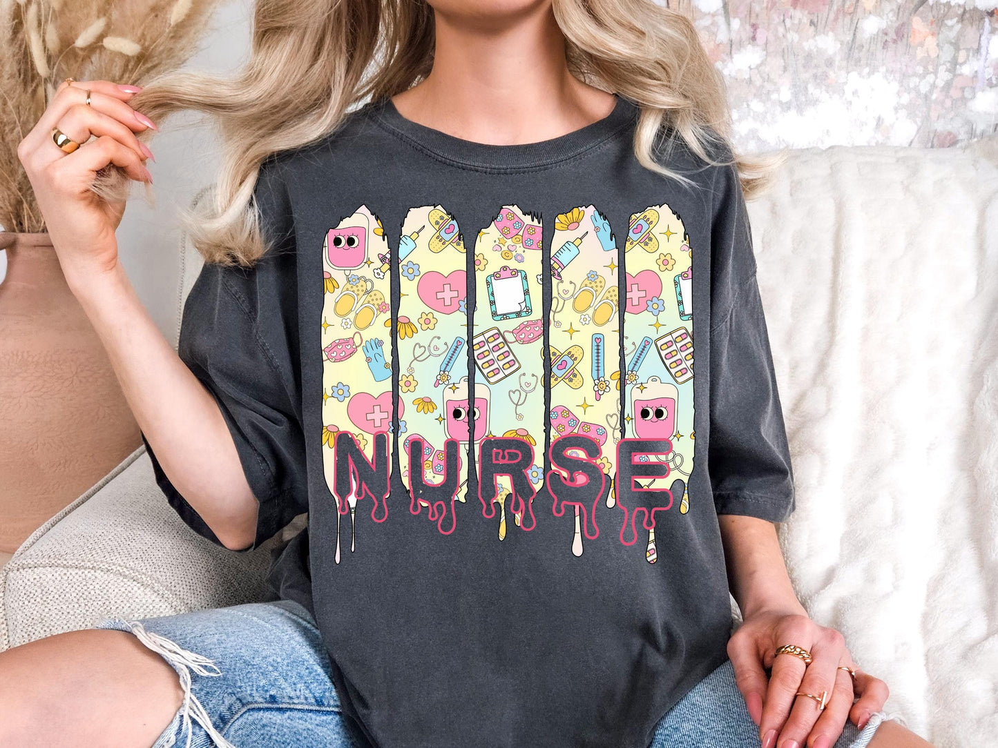Comfort Colors Nurse T-Shirt: Floral Drip Design, RN Gift