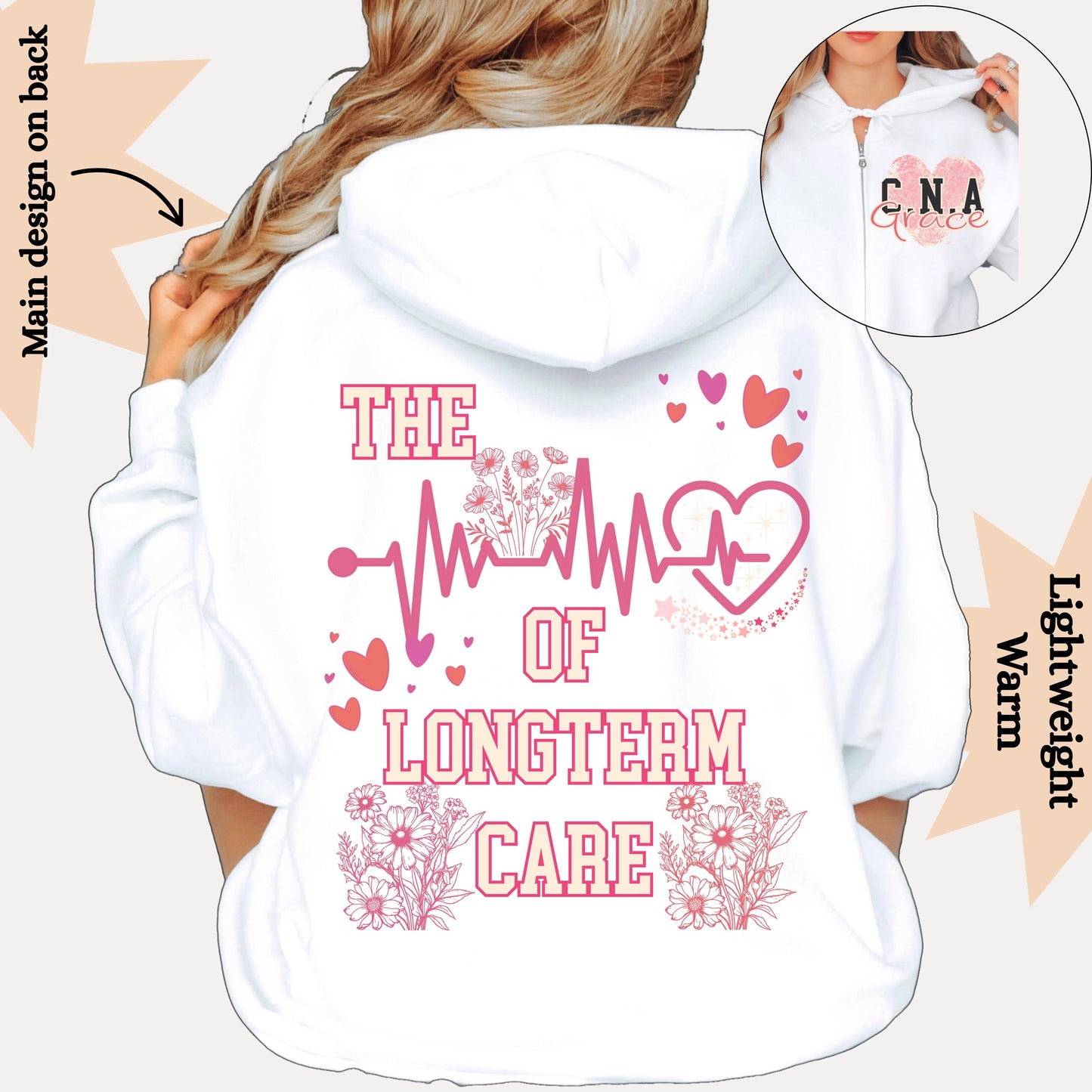 Personalized CNA Full Zip Hoodie: Long Term Care Nurse Gift