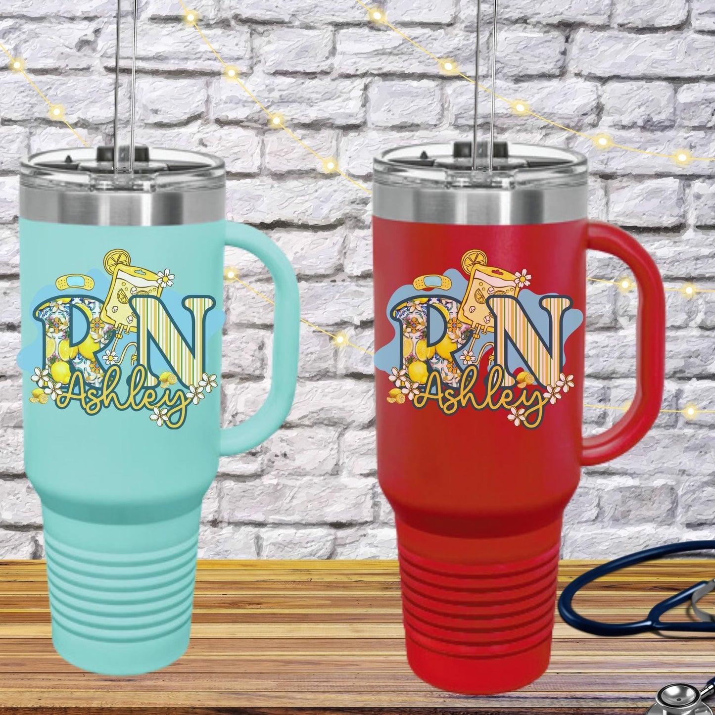 Personalized Lemon RN Tumbler: Insulated Nurse Gift with Straw