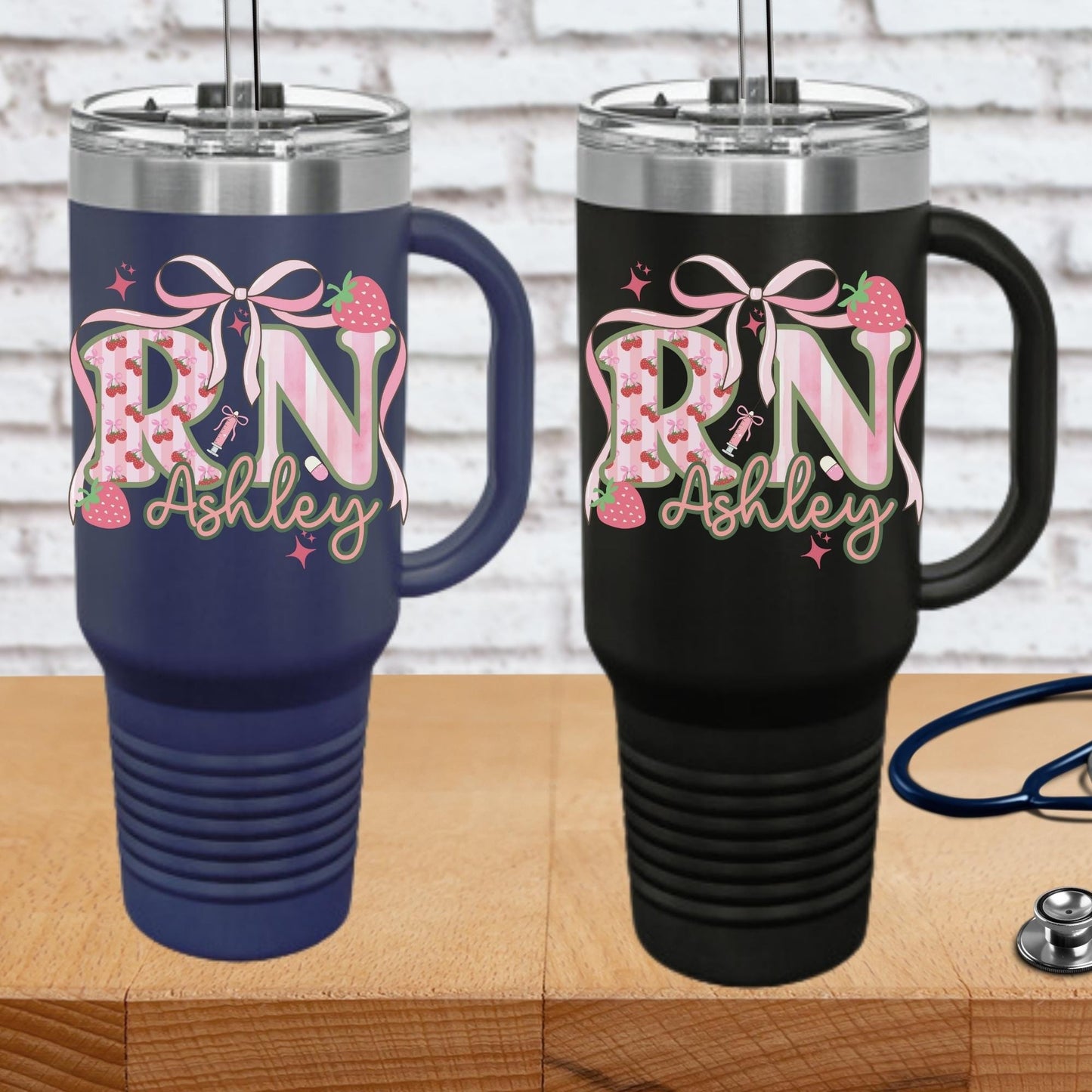 Personalized Nurse Tumbler: Pink Coquette Strawberry RN Gift, Insulated 40oz Travel Mug