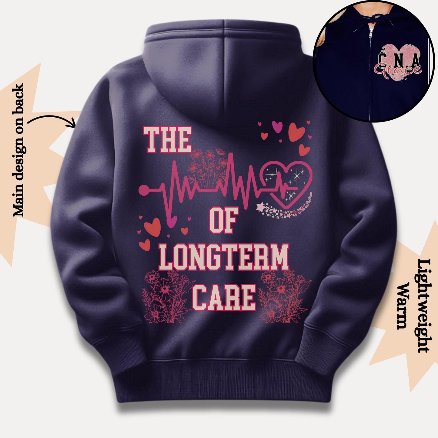 Personalized CNA Full Zip Hoodie: Long Term Care Nurse Gift