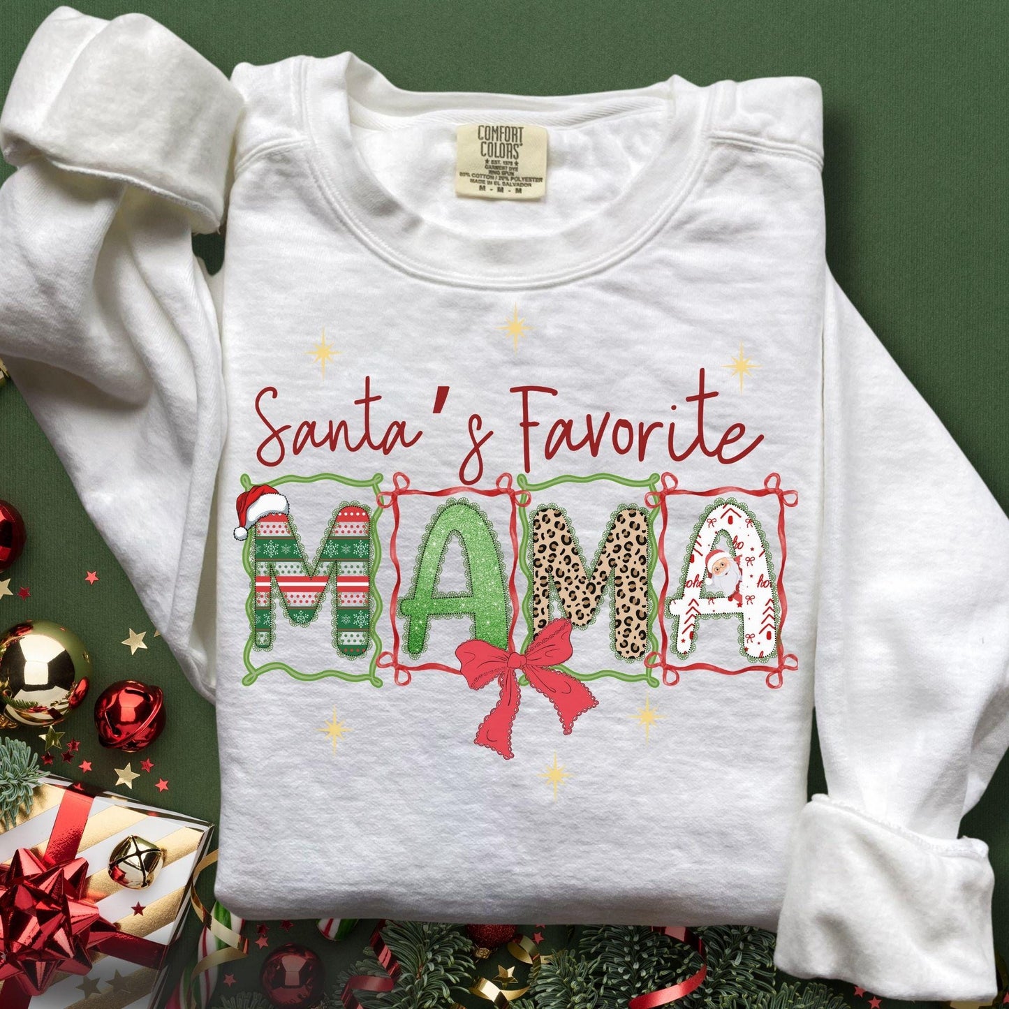 Women’s white christmas sweatshirt for mama with the phrase santa's favorite mama,  perfect holiday christmas gift for her