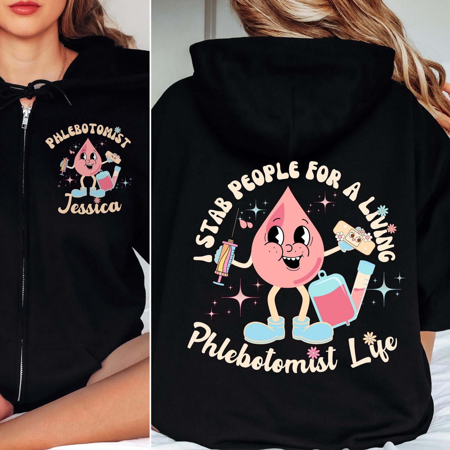 Retro Phlebotomy technician zip up hoodie infusion nurse jacket i stab people for a living funny quote sweatshirt phlebotomist gift RN LPN