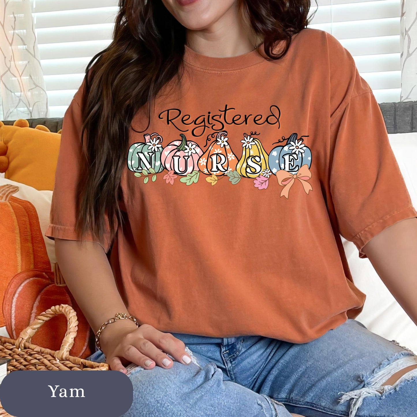 Registered Nurse Fall T-Shirt: Retro Floral Pumpkin Comfort Colors RN Gift