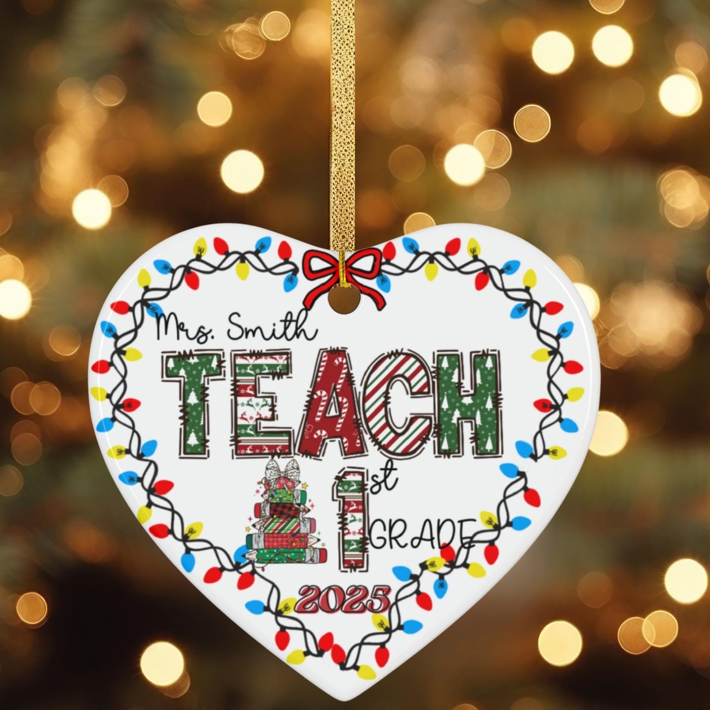 Custom Christmas Teacher Name Holiday appreciation ceramic Heart shape ornament keepsake
