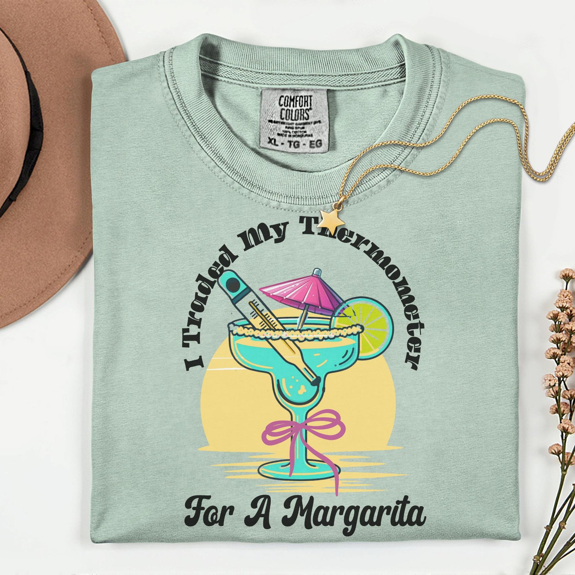 Women’s greent-shirt for school nurse vacation mode with the phrase i traded in my thermometer for a margarita perfect for schools' out school nurse gift. 
