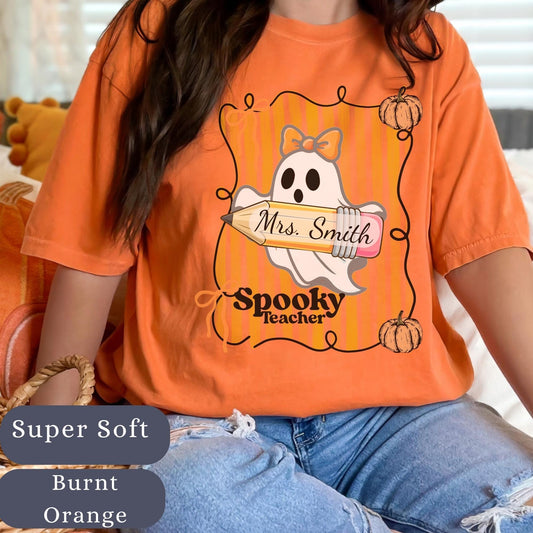 Spooky Retro Ghost Teacher T-Shirt: Halloween Coquette Tee