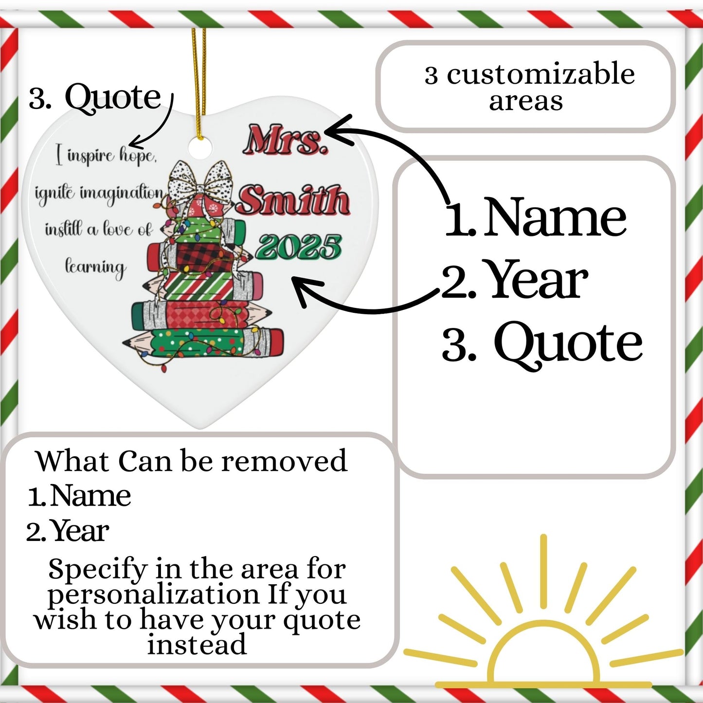 Custom Christmas Teacher name Holiday Appreciation ceramic Heart Shape ornament memory keepsake