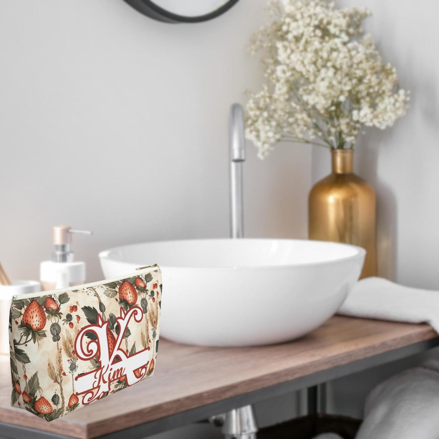 Personalized Strawberry Accessory Pouch: Monogrammed Floral Makeup Bag