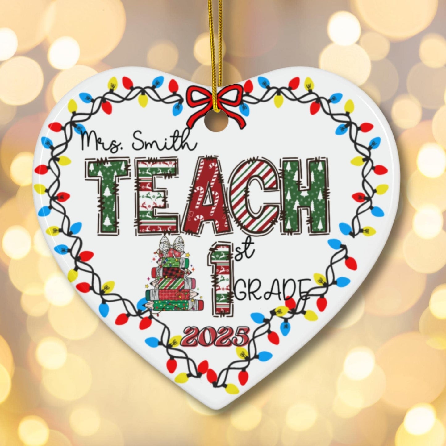 Custom Christmas Teacher Name Holiday appreciation ceramic Heart shape ornament keepsake