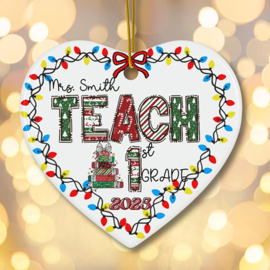 Custom Christmas Teacher Name Holiday appreciation ceramic Heart shape ornament keepsake
