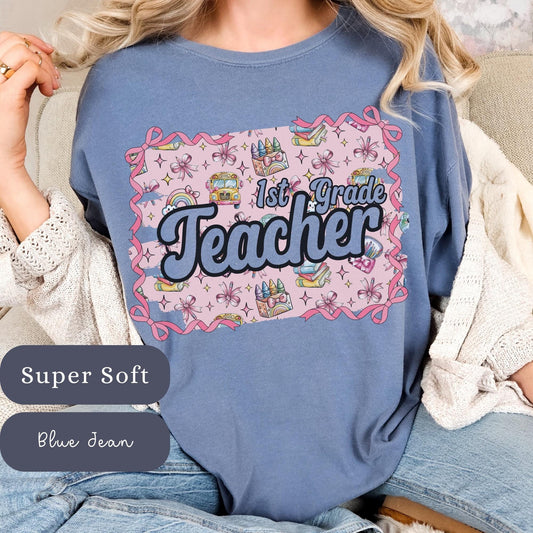 1st Grade Teacher Shirt: Pink Coquette Back To School Tee