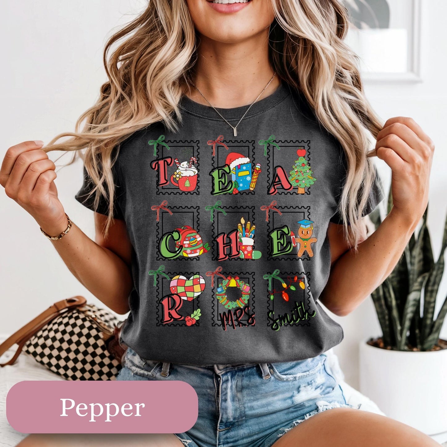 Custom Teacher stamp Christmas winter Comfort Colors®cotton sweatshirt S-3XL