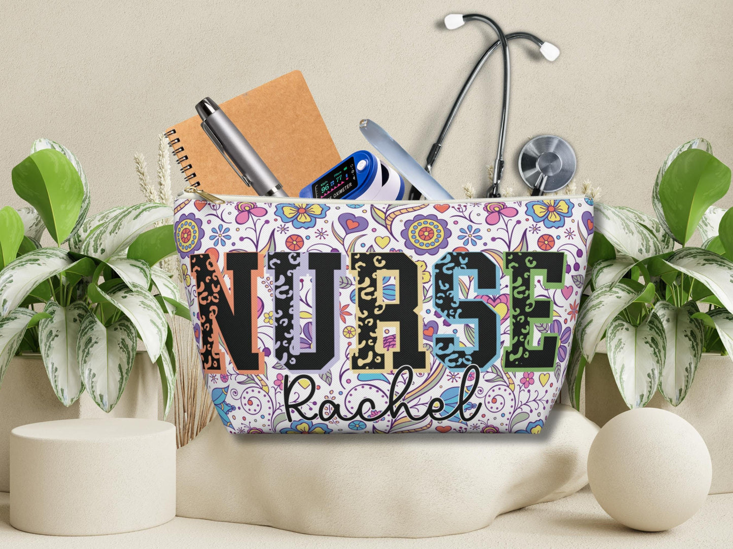 Personalized Nurse Makeup Bag: Floral Cosmetic Pouch, RN/LPN Gift