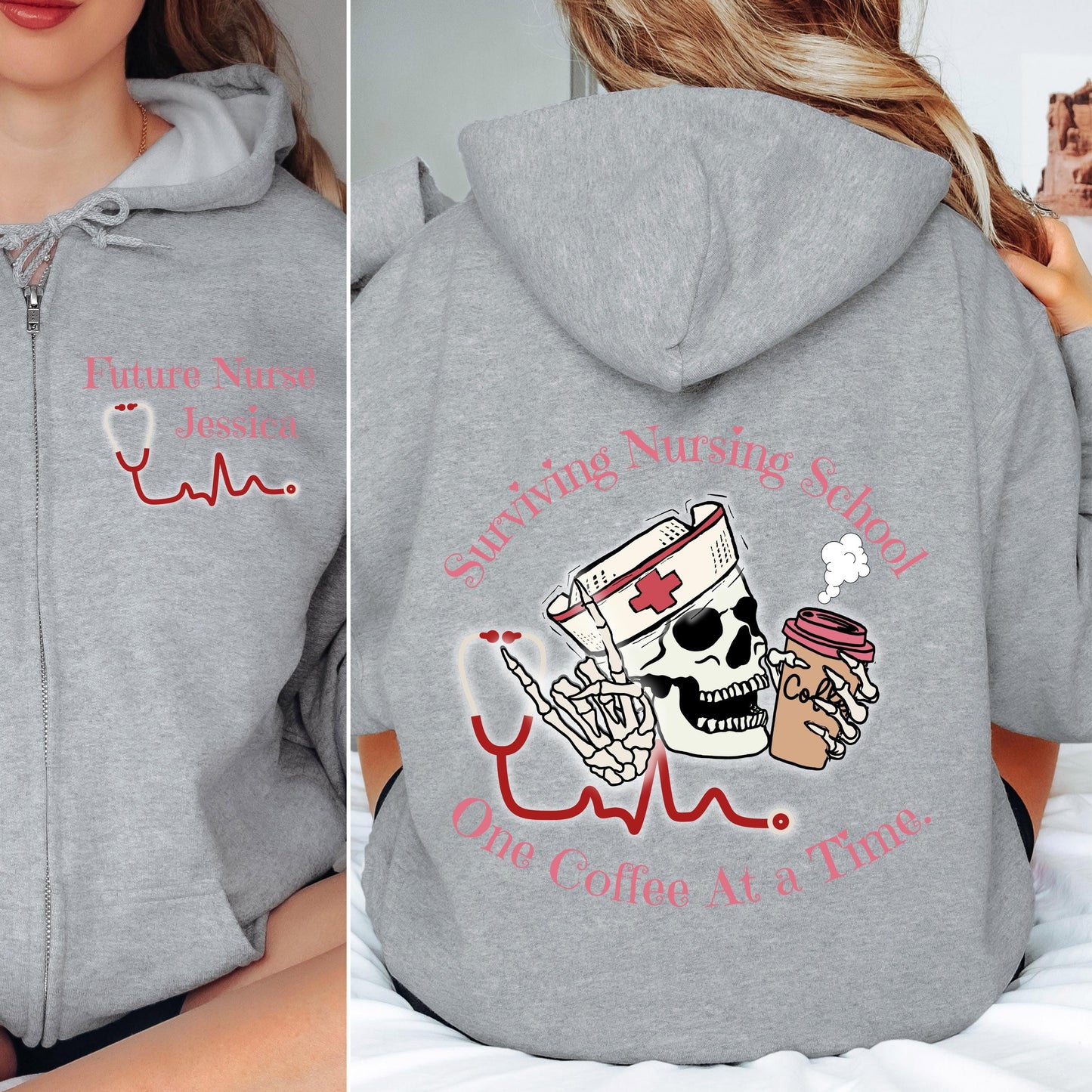 Custom RN Zip Hoodie: Nurse Skeleton, Nursing School Gift
