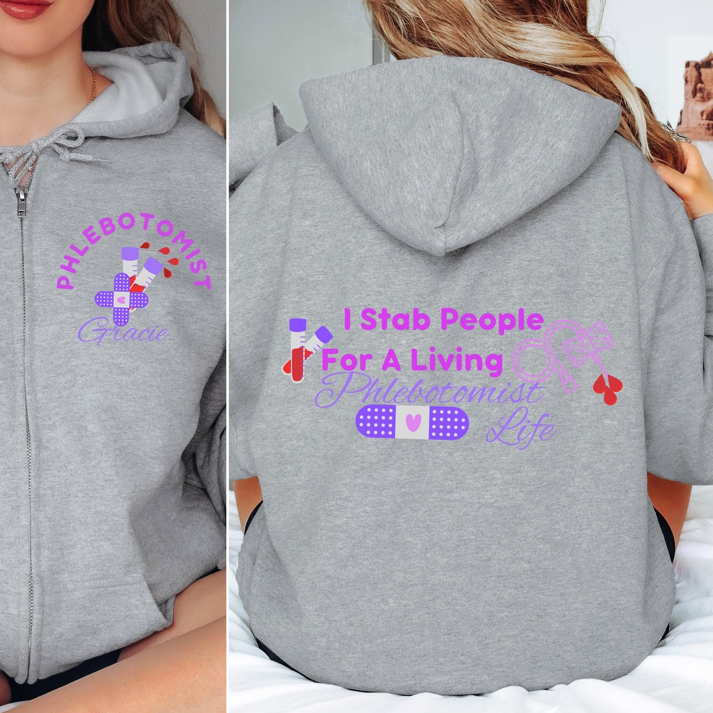 Funny Phlebotomist Zip Hoodie: Vein Finder Humor, Lab Tech Gift