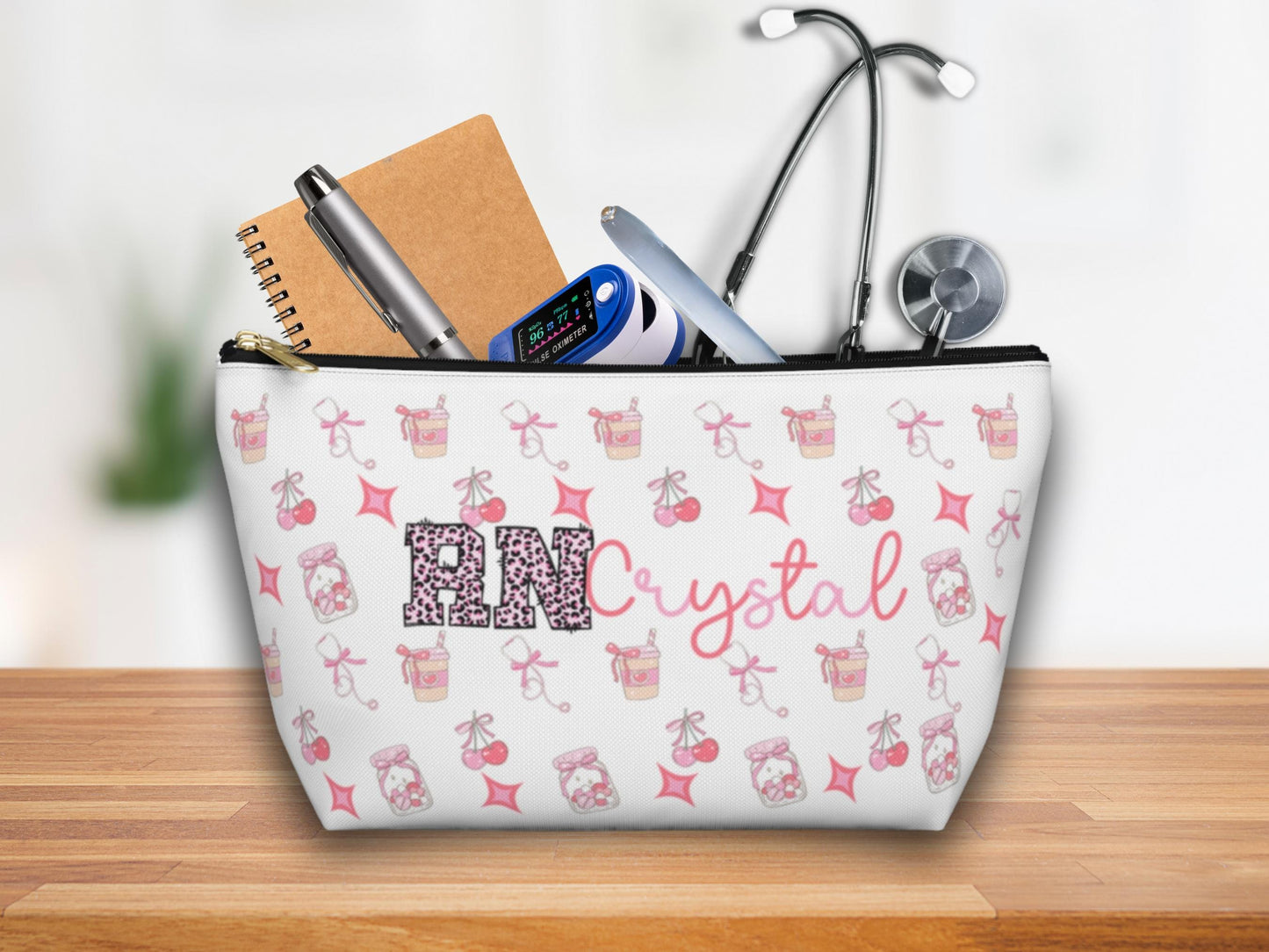 Personalized Nurse Accessory Bag: Custom RN Makeup Pouch, Cherry Bow