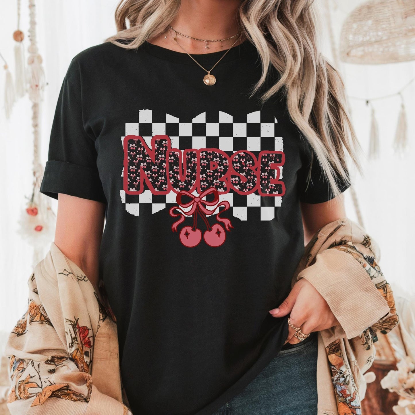 Nurse Cherry Checkered T-Shirt: Retro Comfort Colors Fruit Tee