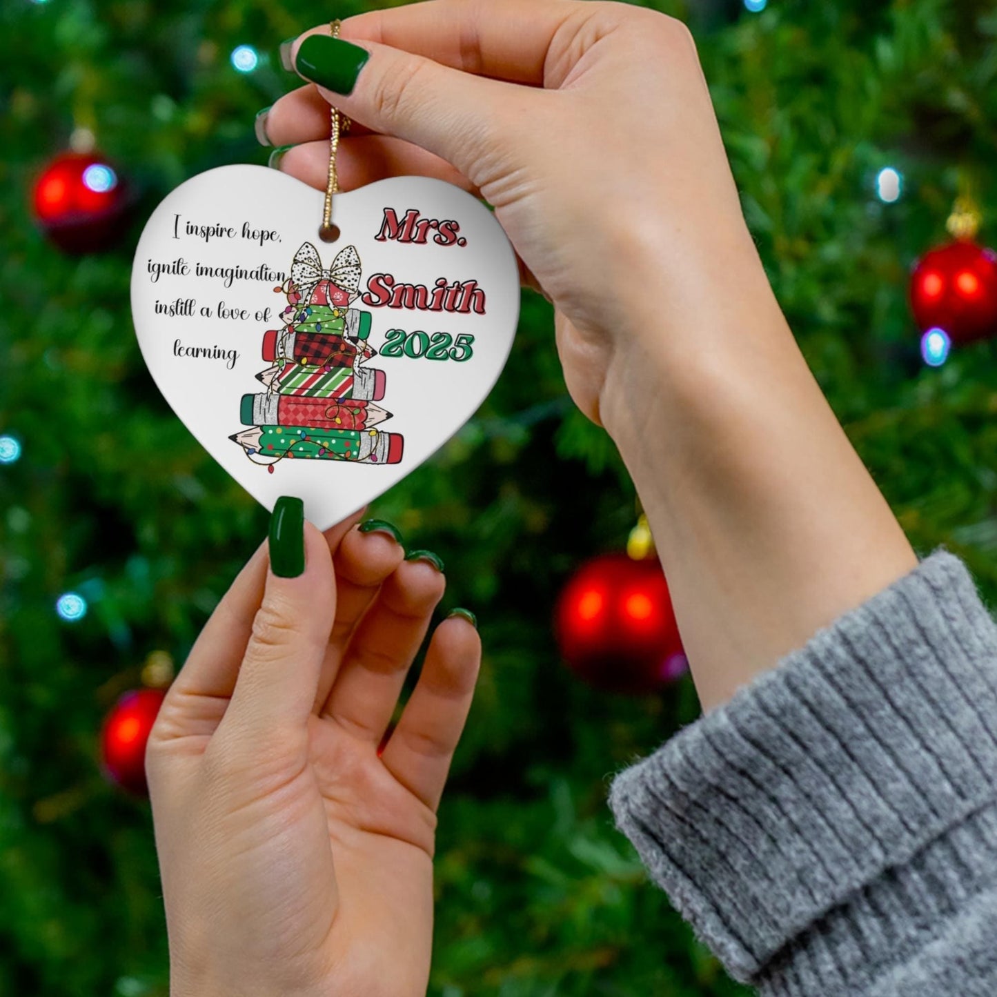 Custom Christmas Teacher name Holiday Appreciation ceramic Heart Shape ornament memory keepsake