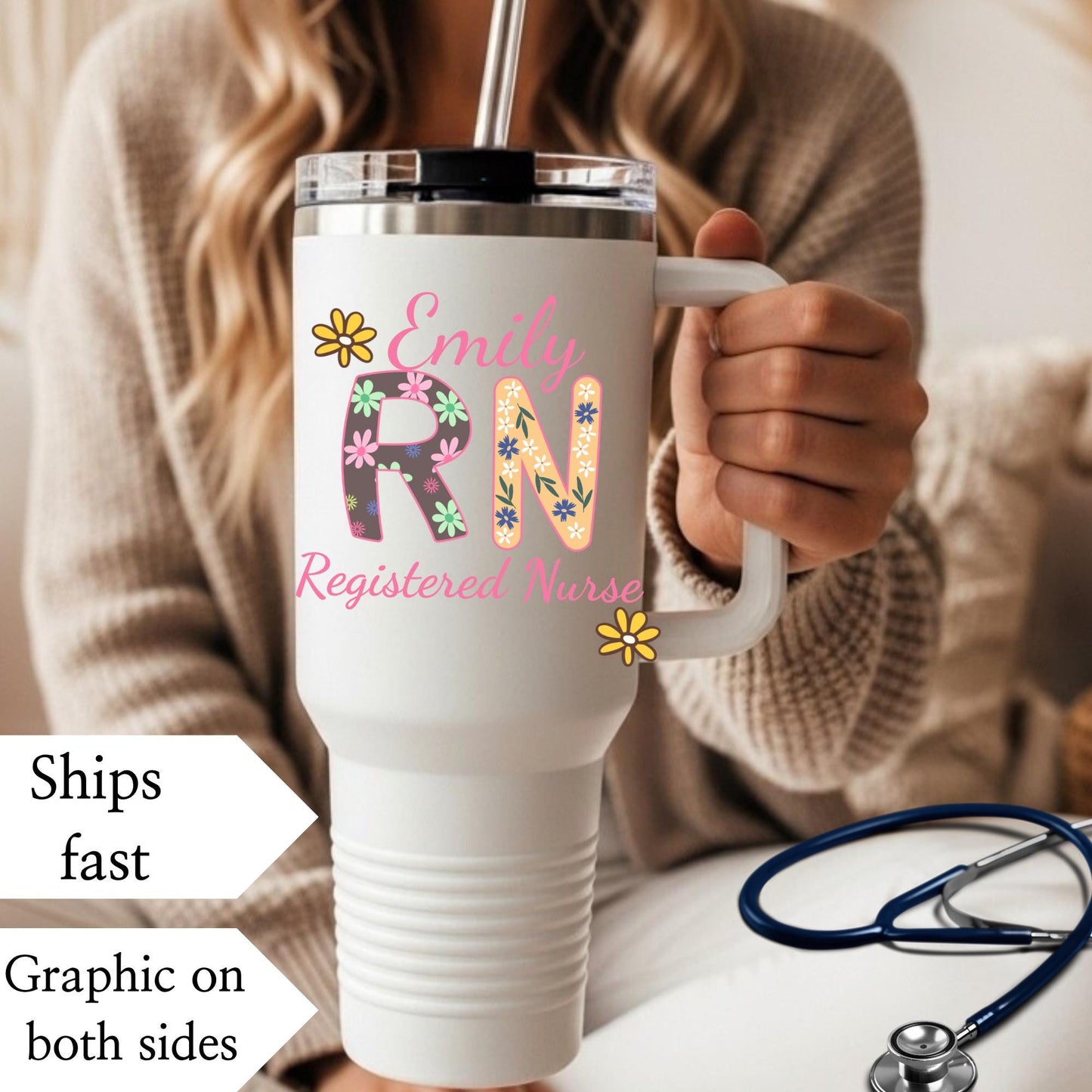 Personalized Registered Nurse travel 40oz tumbler with straw RN graduation gift idea for nurses floral nurse appreciation gift coffee mug