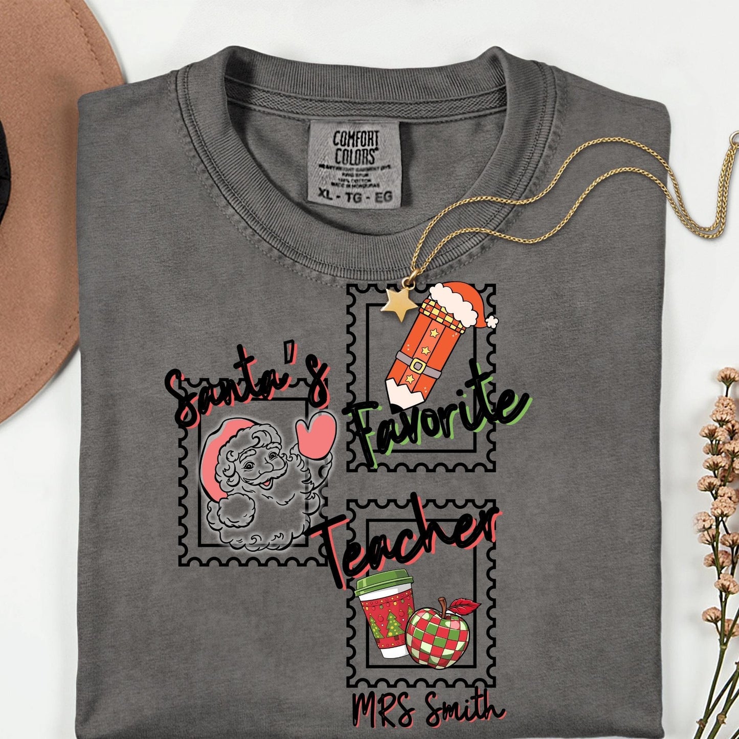 Personalized Santa's Favorite Teacher Christmas comfort Colors® cotton sweatshirt S-3XL