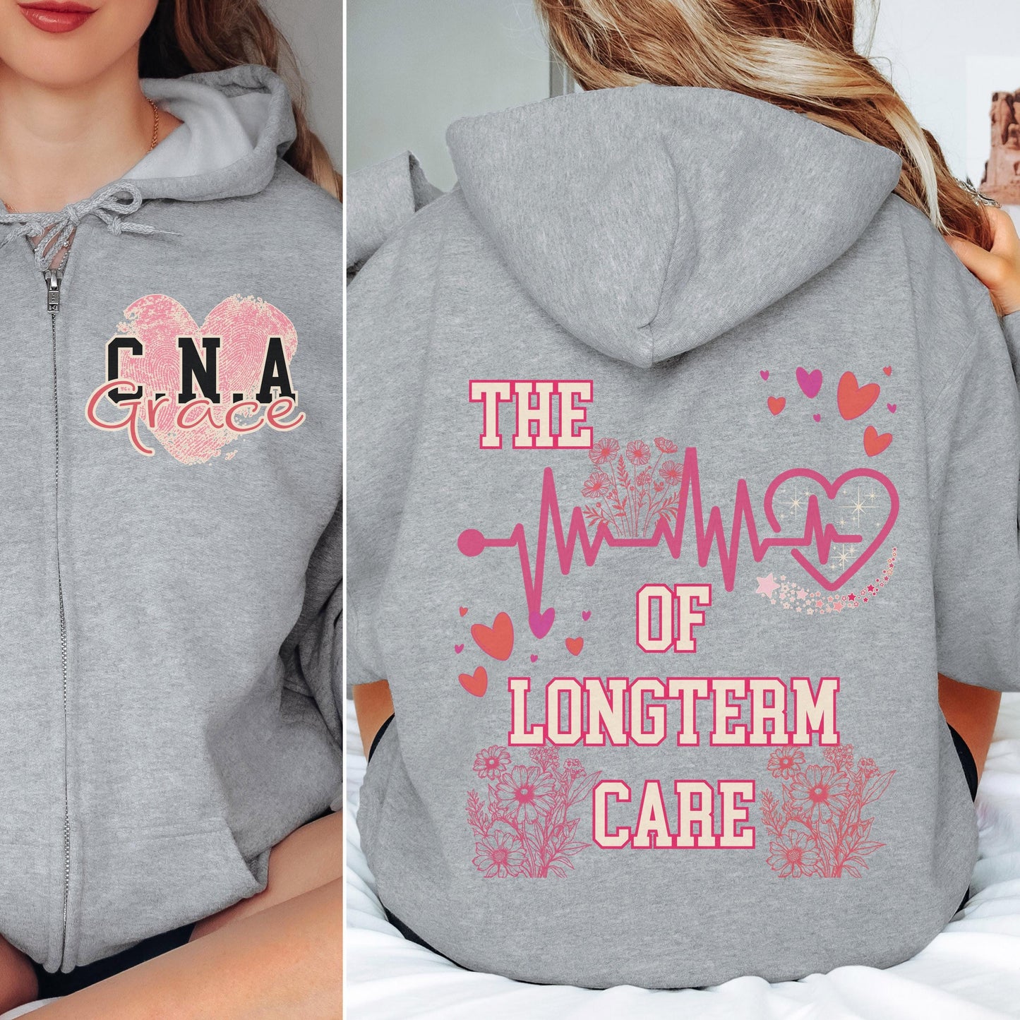 Personalized CNA Full Zip Hoodie: Long Term Care Nurse Gift