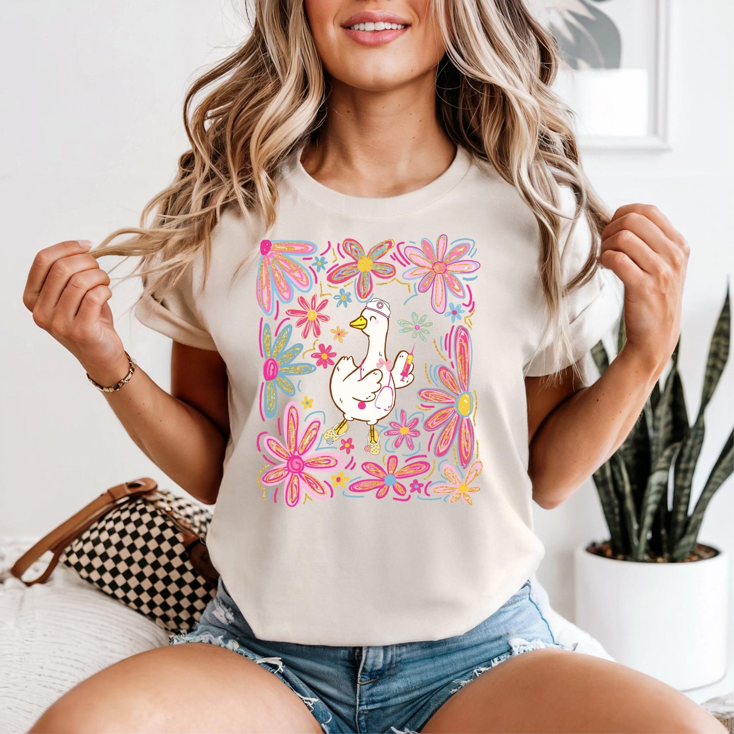 Floral Silly Goose Nurse Shirt: Retro Boho Comfort Colors Tee