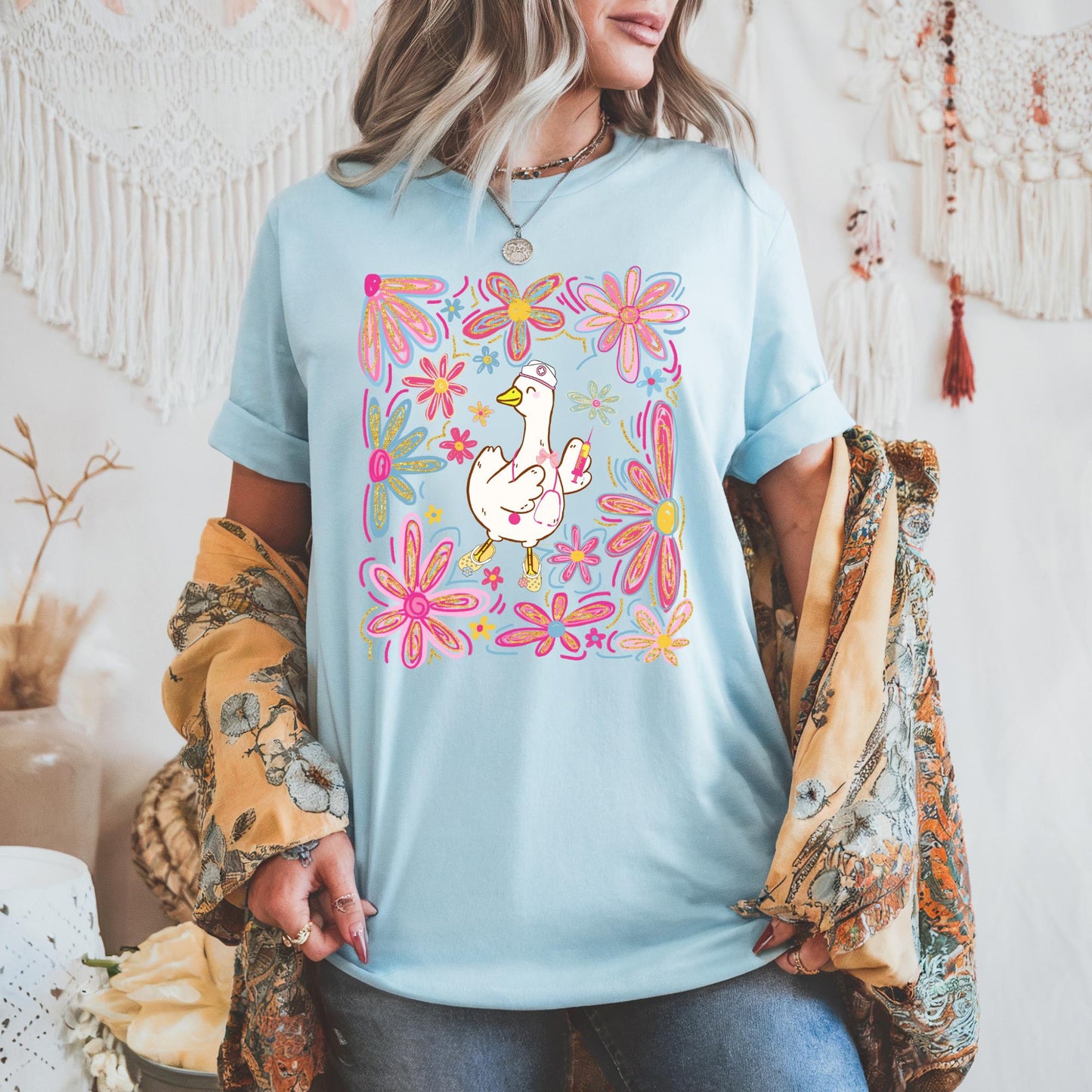 Floral Silly Goose Nurse Shirt: Retro Boho Comfort Colors Tee