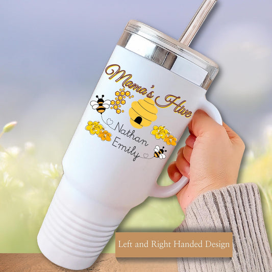 40 oz tumbler for mom's has personalized children's names with a bee and hive the phrase mama's hive perfect gift for mom on mother's day.