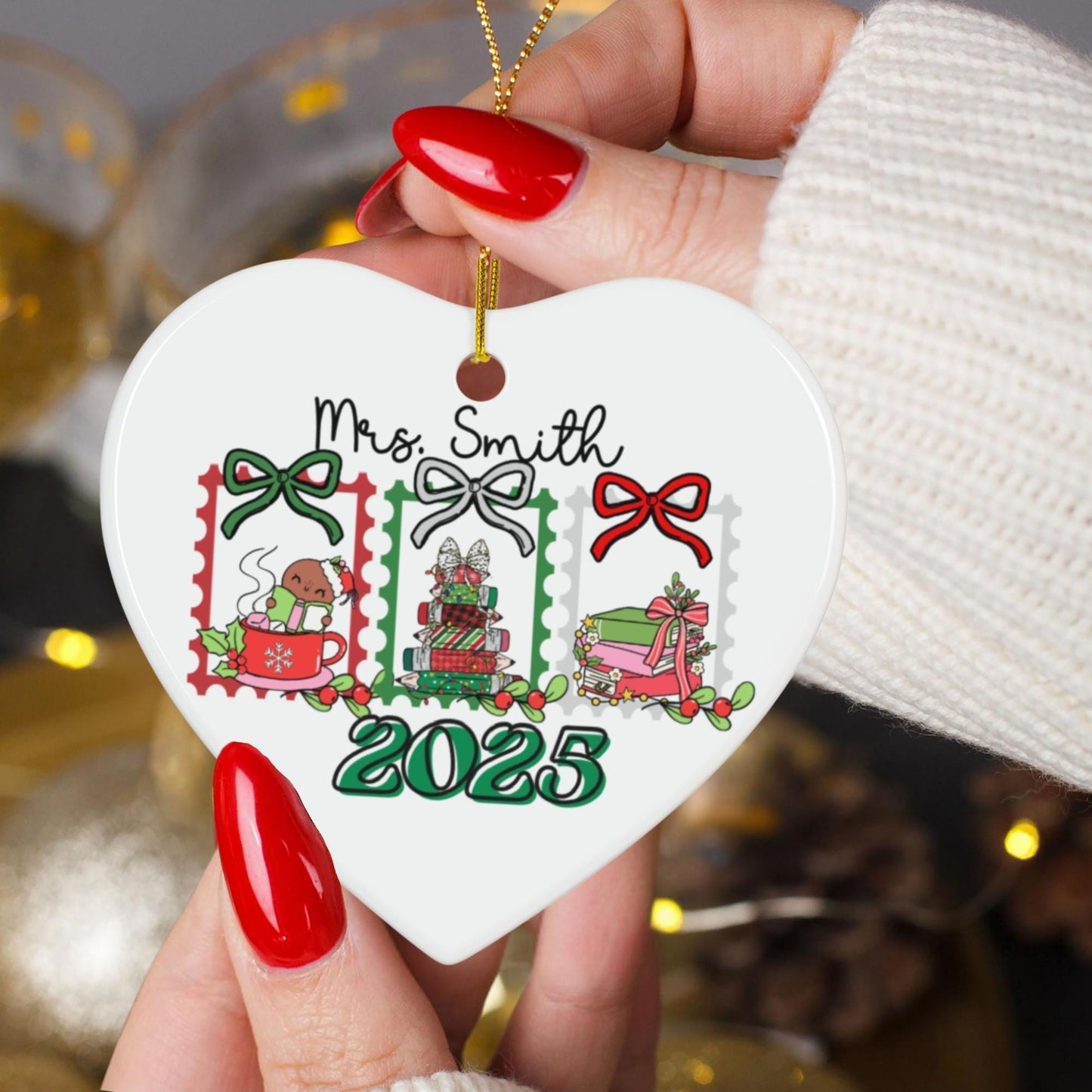 Personalized Christmas Teacher Holiday appreciation ceramic Heart Shape ornament memory keepsake