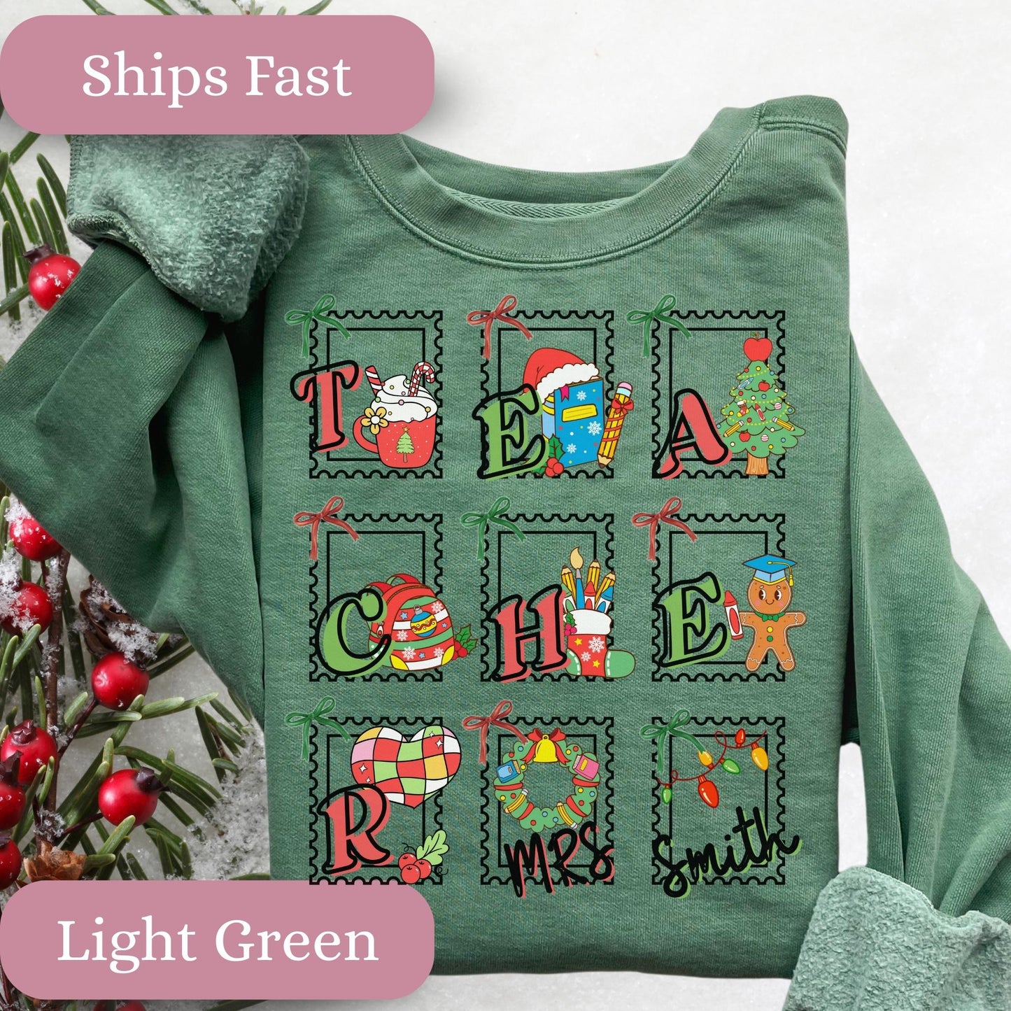 Custom Teacher stamp Christmas winter Comfort Colors®cotton sweatshirt S-3XL
